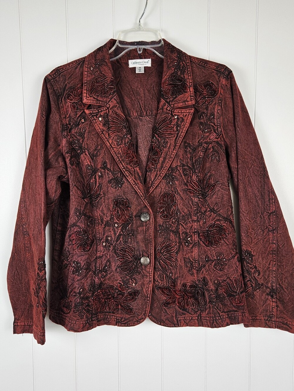 Denim Velvet Jacket Red Black Womens 14 Acid Wash Floral Cotton Artsy Tailored